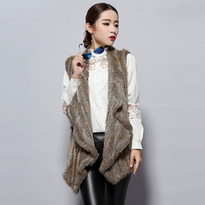 Women's Knitted Real Rabbit Fur Vest Europe Latest Style Long Vest Waistcoat Jacket