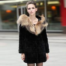 Load image into Gallery viewer, Women&#39;s  Real REX Rabbit Fur Coat with Hood Big Raccoon Fur Collar Jacket 010169