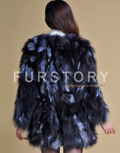 Real Silver Fox Fur Coat Women's  Overcoat  Full Sleeve Supper Thick Plus Size 13053