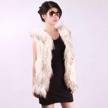 Load image into Gallery viewer, Women&#39;s Short Real Rabbit Fur Vest with Fur Hood Raccoon Fur Hood Trim and Placket Hand Knitted