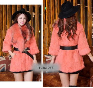 Natural Rabbit Fur Coat Jacket Real Raccoon Dog Fur Collar Trim Thick Jacket