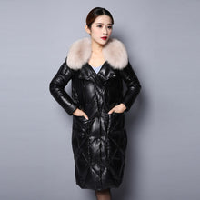 Load image into Gallery viewer, Real Sheep Leather Down Coat for Women Winter Long Overcoat Hood Jackets 151245