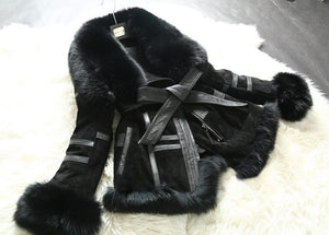 Genuine Leather Coat Full Pelt Fox Fur Collar Collar and Sleeve Cuff Jacket