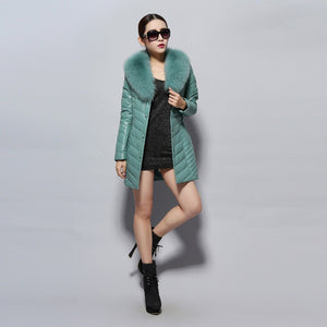 Genuine Leather Coat Female with Real Fox Fur Collar Outwear Winter Women's Down Coat