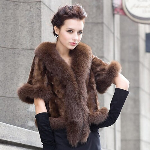 Natural Mink Coat Female with Big Fox Fur Collar Winter Jacket Women 15116