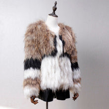 Load image into Gallery viewer, Women's Real Raccoon Fur Coat Winter Warm Contrast Color Patchwork Outwear 17107