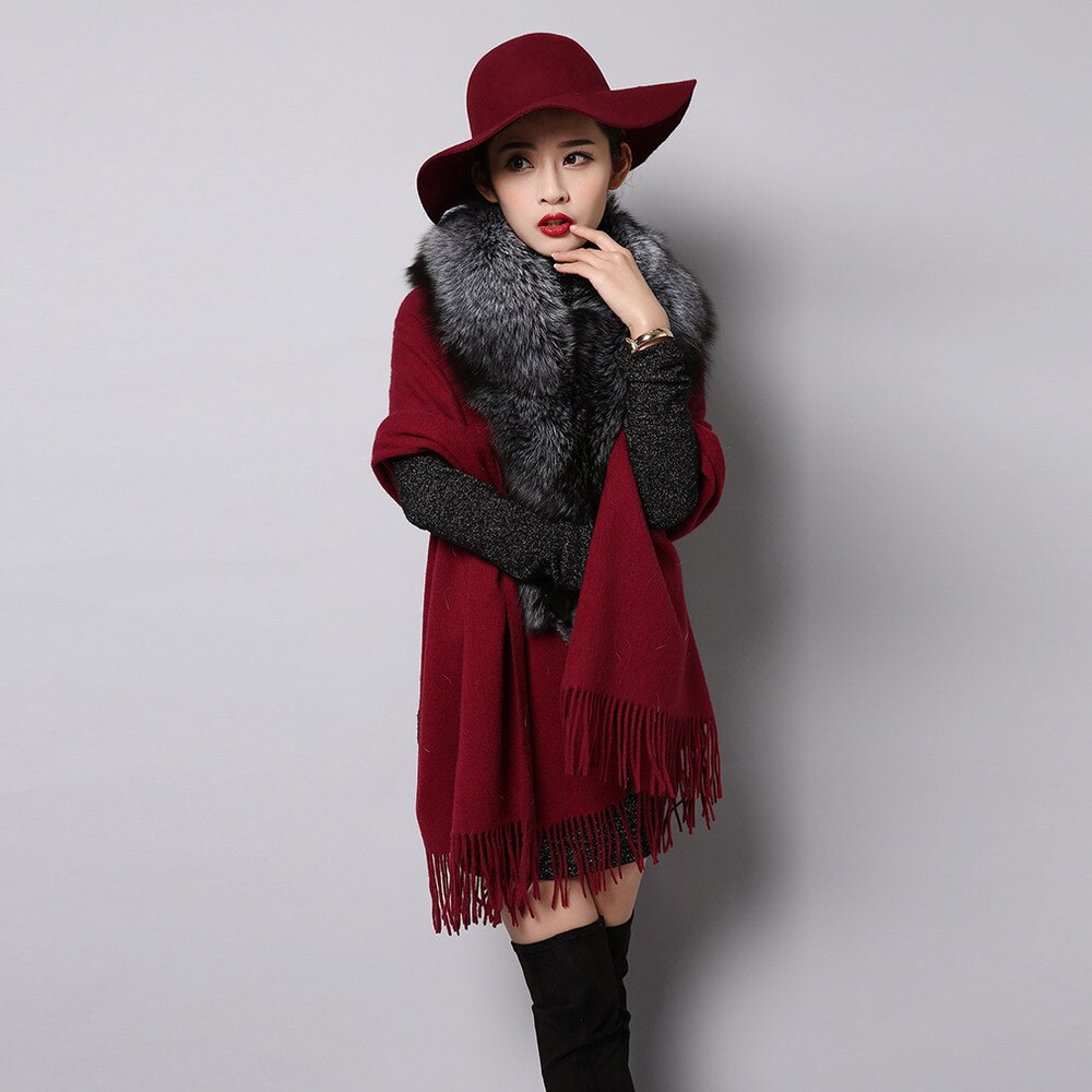 Fashion Cashmere Shawl with Big Fox Collar Natural Fur Poncho 15727