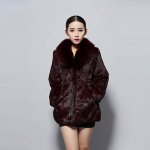 Natural Rabbit Fur Coat Fox Fur Collar Super Slim Waist Women Jacket Winter Overcoat