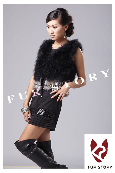 Natural Turkey Fur Vest with Rabbit Fur Fringe Jacket Coat Gilet 7 Colors