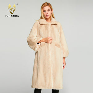Fur Story FS18117 Women's Genuine Rabbit Fur Long Coat Turn-down Collar Women Jacket Belt Overcoat