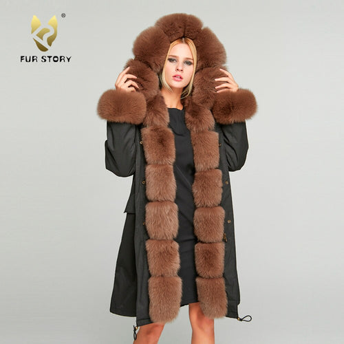 Fur Story FS18113 Women's Windproof Long Parka Detachable Rabbit Fur Lining Big Hood Jacket Fur Cuffs and Placket