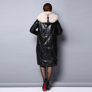 Real Sheep Leather Down Coat for Women Winter Long Overcoat Hood Jackets 151245