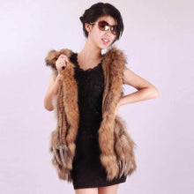 Load image into Gallery viewer, Long Women&#39;s Knitted Natural Rabbit Fur Vest Raccoon Fur Collar Hood Trim