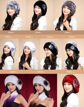 Load image into Gallery viewer, Winter Hats Knitted Real REX Rabbit Fur Hat Good Quality Beret Cap Popular Fur Flower Decorative Headgear Headdress Head Warmer Womens Beanies for Winter FS14601