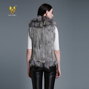 Natural Rabbit Fur Vest Big Fox Fur Collar Jacket Coat