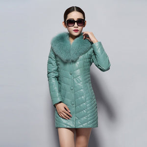 Genuine Leather Coat Female with Real Fox Fur Collar Outwear Winter Women's Down Coat