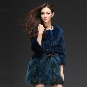 Women's Real Fur Coat Rabbit Fur Coats with Raccoon Hem Jacket