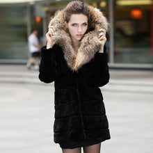 Load image into Gallery viewer, Women&#39;s  Real REX Rabbit Fur Coat with Hood Big Raccoon Fur Collar Jacket 010169