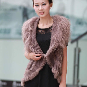 Natural Rabbit Fur Vest with Lamb Wool Fur Collar Hand Knit Vest Coat Jacket Shawl 6colors