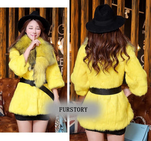 Natural Rabbit Fur Coat Jacket Real Raccoon Dog Fur Collar Trim Thick Jacket