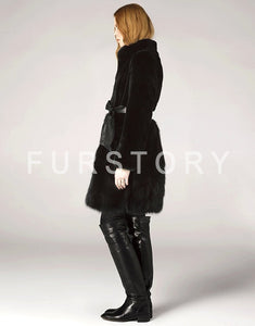 Natural Rabbit Fur Overcoats with Fox Fur Overcoat Belt Slim Winter Coat