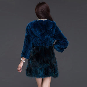 Women's Real Fur Coat Rabbit Fur Coats with Raccoon Hem Jacket