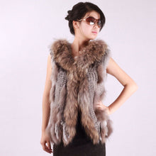 Load image into Gallery viewer, Women&#39;s Short Real Rabbit Fur Vest with Fur Hood Raccoon Fur Hood Trim and Placket Hand Knitted