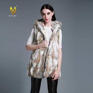 Natural Fur Vest Female with Big Fur Hood Rabbit Fur 5XL 6XL Plus Size Vest