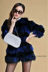 Real Raccoon & Rabbit Fur Coat Jacket Overcoat Bright Color Commuter Style FS13011