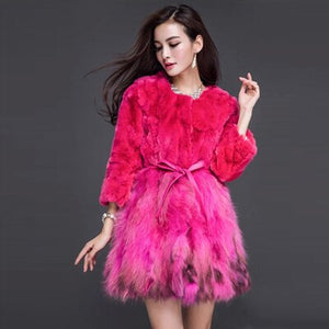 Women's Real Fur Coat Rabbit Fur Coats with Raccoon Hem Jacket
