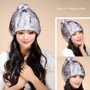 Women's Hats Knitted Real REX Rabbit Fur Beanie Hat 14603