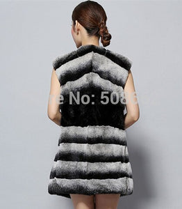 Natural Rex Rabbit Fur Vest Fashion Warmer Outerwear Sleeveless Women Long Coat