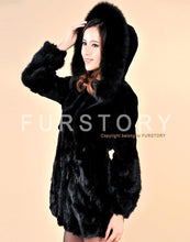 Load image into Gallery viewer, Long Winter Outwear Natural Rex Rabbit Fur Overcoat with Fox Fur Trim Hood