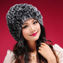 Load image into Gallery viewer, Women Knitted Real REX Rabbit Fur Hat Skullies Beanie Headgear 060108