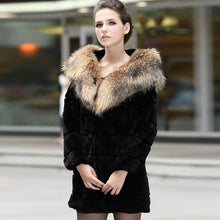 Load image into Gallery viewer, Women&#39;s  Real REX Rabbit Fur Coat with Hood Big Raccoon Fur Collar Jacket 010169