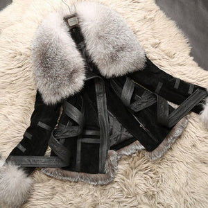 Genuine Leather Coat Full Pelt Fox Fur Collar Collar and Sleeve Cuff Jacket