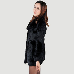 Winter Women's Rabbit Fur Coat with Fox Fur Collar Black Full Sleeve Natural Fur Coats Female