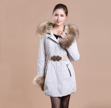 Load image into Gallery viewer, Winter Pig Leather Suede Windbreak with Natural Raccoon Fur Hood Slim Waist Women&#39;s Coats