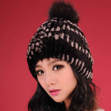 Load image into Gallery viewer, Women&#39;s Beanies for Winter Real Rabbit Fur Hat Fox Fur Pom-pom Wool Cap 13607