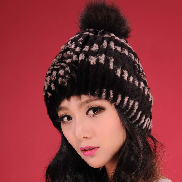 Women's Beanies for Winter Real Rabbit Fur Hat Fox Fur Pom-pom Wool Cap 13607