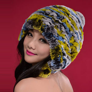 Knitted Real Rabbit Fur Hat Beanie Earmuff Bomber Hat  Women's Winter Hats 14606