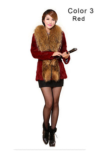 Natural Rabbit Fur Coat Supper Big Raccoon Fur Collar Women Overcoat