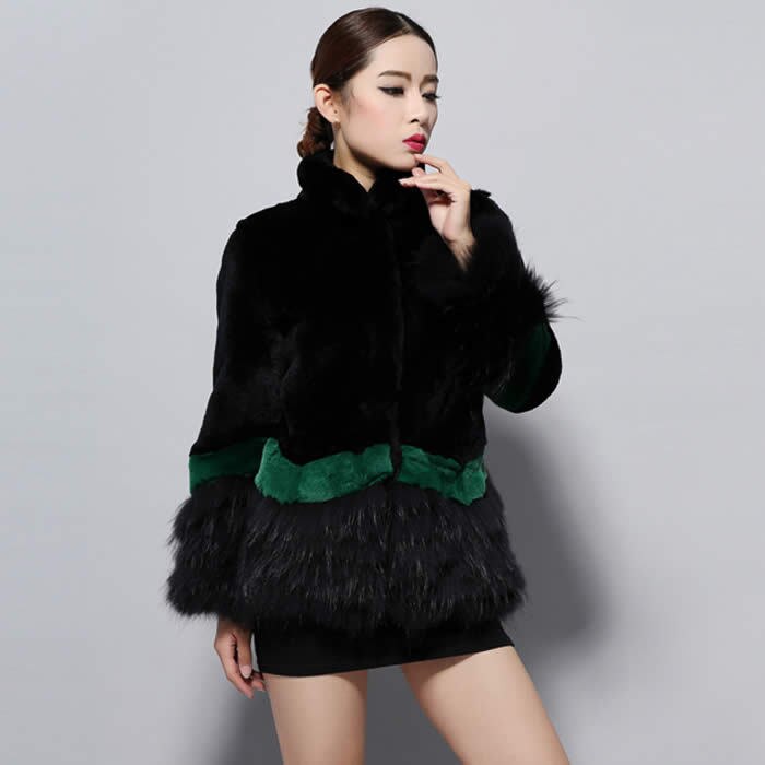 Natural Rex Rabbit Fur Coat Real Raccoon Fur Trim Sleeve Cuff Jacket  Thick Fur Overcoat