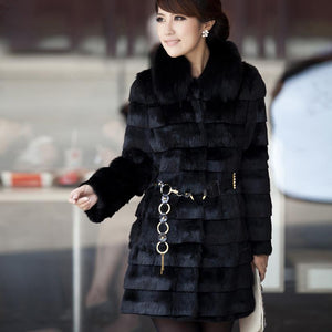 Womens Coat Real Rabbit Fur Coat with Fox Fur Collar Coat Jacket Overcoat Winter Coat