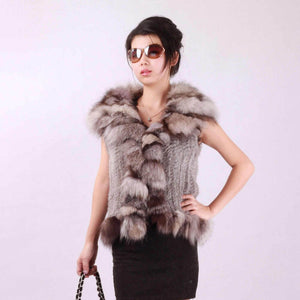 Natural Rabbit Fur Vest Big Fox Fur Collar Jacket Coat