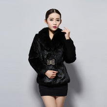 Load image into Gallery viewer, Women&#39;s Rabbit Fur Coat Luxury Buckle Slim Waist Real Fur Coat Female Winter Fox Fur Collar Jackets