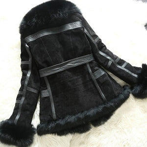 Genuine Leather Coat Full Pelt Fox Fur Collar Collar and Sleeve Cuff Jacket