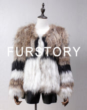 Load image into Gallery viewer, Women's Real Raccoon Fur Coat Winter Warm Contrast Color Patchwork Outwear 17107