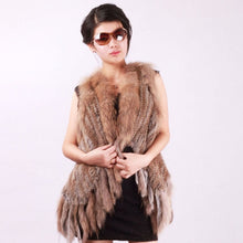 Load image into Gallery viewer, Women&#39;s Real Rabbit Fur Vest with Raccoon Collar Long Tassel Knitted Fur Vest Female