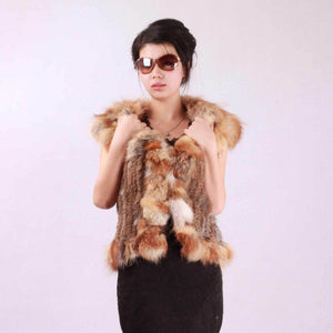 Natural Rabbit Fur Vest Big Fox Fur Collar Jacket Coat